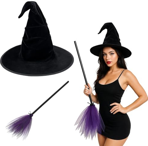 Broom and Hat Set, Halloween Witch Costume Accessories for Girls and Women,Broomstick with Black Purple Broom and Hat, Perfect for Cosplay, Themed Parties