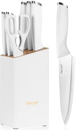 hecef Juego de Cuchillos con Bloque 7 Piezas, Afilado Hoja de Acero Inoxidable con Mango Curvo Especial para Chef y Aficionados a la Cocina, Blanco