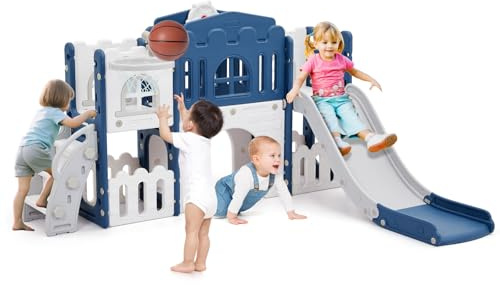 Kinder Rutsche 8 in 1 Mit Klettern, Teleskop, Basketballkorb,Tunnel, Bohrspiel und Stauraum, Kleinkinderklettergerüst für Kleinkinder 1–3 Jahren (Blau)