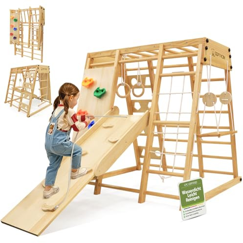 SOFTHOM Klettergerüst Indoor, Groß&Klappbar, 10 in 1 Multifunktional Outdoor Spielplatz für Kinder, Wasserdicht&Pflegeleicht, Montessori Klettergerüst ab 1 Jahr, Schaukel, Kletterdreieck, Natur&Holz