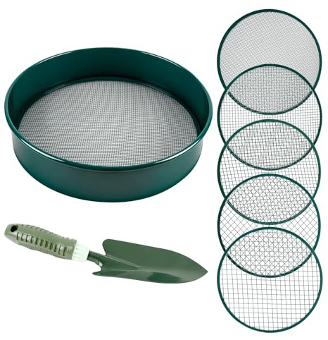 CDIYTOOL Lot de 8 tamis de jardin ronds de 30 cm avec 5 filtres 3/5/8/10/12 mm pour terre, pierres, mauvaises herbes, litière pour chat, compost
