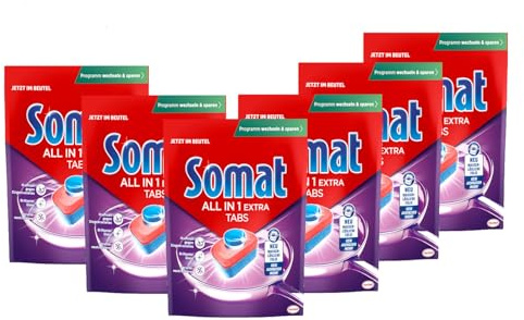 SOMAT All in 1 Extra Spülmaschinen Tabs (6x 58), Geschirrspül Tabs für strahlend sauberes Geschirr auch im Niedrigtemperatur-, Kurz- & Eco-Programm, entfernt Eingekrustetes