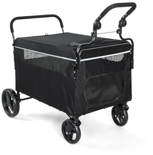 GarveeLife Poussette 2 en 1 pliable pour chiens et chats de grande et moyenne taille, pliable, avec fenêtre en filet, porte-gobelet, poignée réglable et roues à 360°, jusqu'à 50 kg