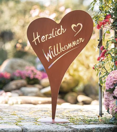 Dekoleidenschaft Dekoschild Herzlich Willkommen in Herzform, Metall Herz mit Rost Finish, 66 cm hoch, Willkommensschild, Kundenstopper