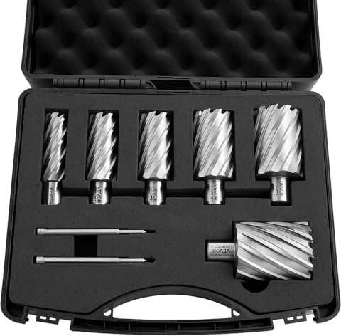 VEVOR Juego de Cortadores Anulares 8 Piezas, Juego de Brocas HSS M2AL de Vástago Weldon, Profundidad de Corte 50,8mm, Diámetro 22,22-50,8 mm, con 2 Pasadores Guía, 6 Cortadores para Taladro Magnético