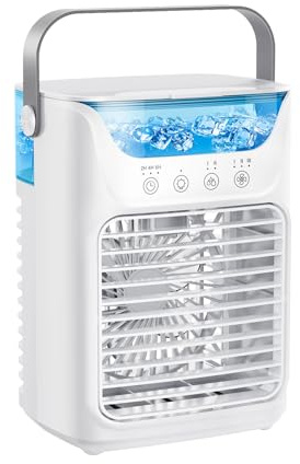 Enfriador de aire portátil, mini aire acondicionado, 4 en 1, clase energética A+, 3 velocidades de viento, luz LED RGB, tanque de agua de 700 ml, temporizador de 2 a 6 horas