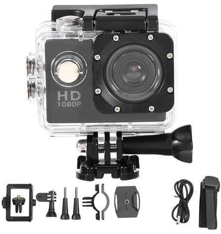 Pyltha Cámara Deportiva Mini DV Sumergible 1080P Azul - Impermeable 30m, Pantalla HD 2'', Soporte Bicicleta, Ideal para Deportes al Aire Libre (Negra)