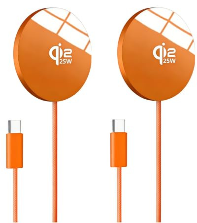 QJYKIONE Qi2.2 Magnetic Wireless Charger - 2 Pack - 25W Fast Wireless Charging Pad for MagSafe, Slim Travel Charger for iPhone 17-12 Series, Samsung S26 Ultra, AirPods, 1.2M Cable (Adapter NOT)-Orange