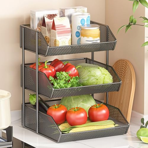 ISCBAFYX Fruit Basket, 3 Tier Fruit Bowl Kitchen Countertop Rack, Vegetable Counter Holder, Large Metal Perfect For Holding Fruits, Vegetables, Snacks，Fruit Vegetable Storage Basket