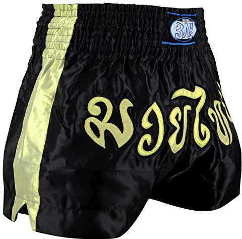 BAY Remy Thaiboxhose Kickboxhose Muay Thai Hose kurz aus Polyester Schwarz/Gold für Damen, Herren, Kinder, Erwachsene, Mädchen, Jungen Größe XS
