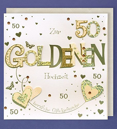 Goldhochzeit Grußkarte 50 Handmade Applikation Zwei goldene Herzen 21x21cm