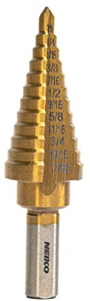 NEIKO 10185A Titanium Step Drill Bit, High-Speed Alloy-Steel Bit, Hole Expander for Wood and Metal, 12 Step Sizes from 3/16 Inch to 7/8 Inch.