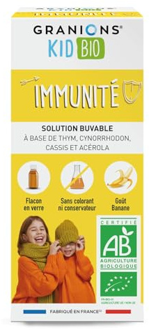 GRANIONS Kid Bio Immunité - Résistance Enfant Goût Banane - Flacon 125 ml | Immunité Enfant Certifié Bio, Goût Banane - Stimule La Résistance De L'Organisme - Sirop D'Agave, Dès Le Plus Jeune Âge