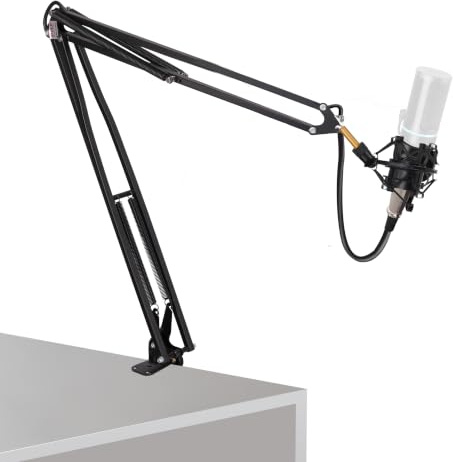 Pyle Suspension Microphone Boom Stand Pro - Desktop Scissor Mic Stand Spring Arm w/ Shock Mount, Adjustable and Extendable Arm, Angle and Tilt Positioning, Universal Table Clamp Mount Style - PMKSH04