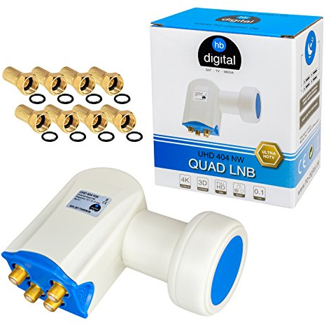 HB-Digital Quad LNB LNC 4 Teilnehmer Direkt Full HD TV 3D 4K Weiß Weiss White + Kontakte Vergoldet + Wetterschutz (Ausziehbar) im Set mit 8 F-Stecker Vergoldet Gratis Dazu
