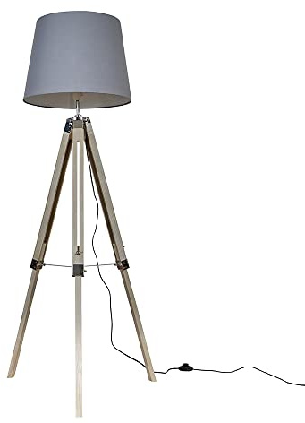 MiniSun | Modern Distressed Wood and Silver Chrome Tripod Floor Lamp with a Grey Tapered Light Shade | Floor Lamps & Torchieres, Home Décor & Improvement Essential | Includes Bulb [3000K Warm White]