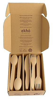 ekhõ The Wood Way! – Juego Cubiertos Desechables Biodegradables - Cubiertos para Llevar Ecológicos Biodegradables y Compostables - Cubertería Desechable (40 Tenedores + 40 Cucharas + 40 Cuchillos)