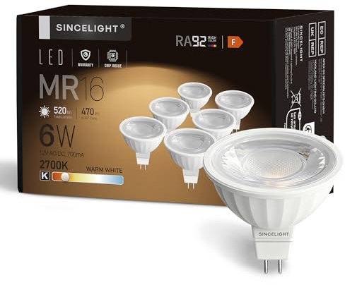 SINCELIGHT MR16 GU5.3 12V LED Spot Light Bulb Ø50mm Reflector, 6 Watt, 450 Lumens, 50W Halogen Equivalent, 2700K (Warm White), High Color Rending RA≈92, 38°Beam Angle, Pack of 6