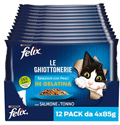 Purina Felix Le Ghiottonerie Cibo Umido per Gatti con Salmone e Tonno, 48 buste da 85g