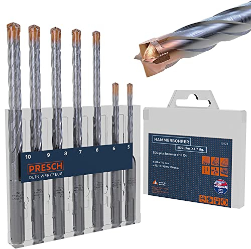 Presch SDS Plus Bohrer Set X4-7-tlg - Stahlbeton Bohrer mit 4 Schneiden und Dübellängenindikator - Hammerbohrer SDS für Beton, Stein, Granit, Ziegel, Mauerwerk - Betonbohrer Ø 5-10mm