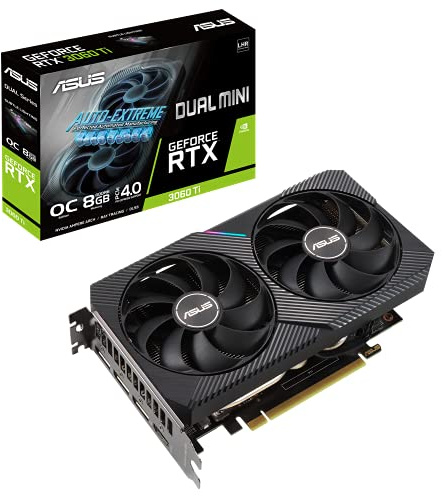 ASUS Dual GeForce RTX3060 TI Mini 8G V2 OC Edition Gaming Grafikkarte (Lite Hash Rate (LHR), Nvidia Ampere, PCIe 4.0, 8GB DDR6 Speicher, 2x HDMI 1.2, 3x DisplayPort 1.4a, DUAL-RTX3060TI-O8G-Mini-V2)