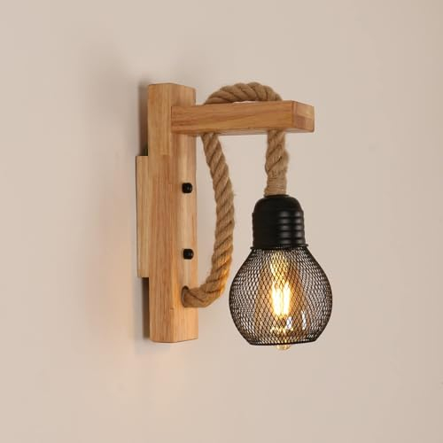 Pheashine Wooden Wall Light with Hemp Rope, Industrial Wall Sconce Light Indoor, Metal Black Wall Lamp with E27 Socket for Living Room, Bedroom, Hallway, Corridor, Cafe Bar