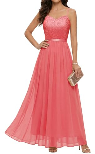 DRESSTELLS Robe de Soirée Longue Femme avec Bretelles Réglables et Dentelle Florale, Robe de Demoiselle d'honneur Élégante et Confortable pour Mariage, Bal et Autres Occasions Corail L