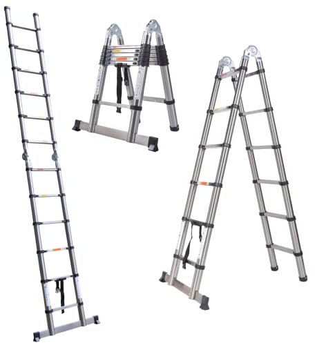 3.8M/1.9+1.9M A Frame Stainless Steel Telescoping Ladder Telescopic Extension Ladder Lightweight Collapsible Ladder,for RV, Loft, Attic, Home for Indoor and Outdoor Use, 330lb Load Capacity
