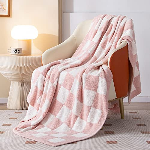 SeaRoomy Checkered Throw Blanket, Soft Fluffy Fuzzy Blanket Reversible Checkerboard Pink Throw Blankets Warm Cozy Plush Knit Throw Blanket for Couch Bed Decor(Light Pink, 60×79)