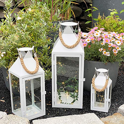 INDA-Exclusiv 3er Set XXL Gartenlaterne Metall Windlicht Laternen Kerzenhalter Set Höhe 25/40/51cm mit Seilgriff, Farben:Weiß