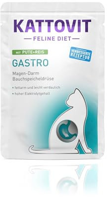 KATTOVIT - Gastro Nassfutter für Katzen | Zur Unterstützung des Magen-Darm-Systems | Diät-Alleinfuttermittel im Frischebeutel für ausgewachsene Katzen | 24 x 85 g Pute mit Reis