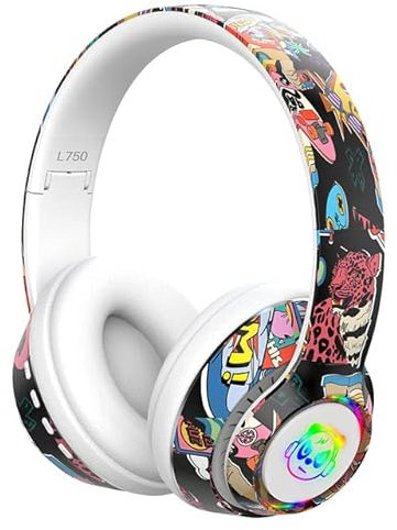 S&N Auriculares con Bluetooth, Cascos inalambricos para Juegos con luz RGB, Compatible con Tarjeta de Memoria con Micrófono L750 Graffiti Blanco