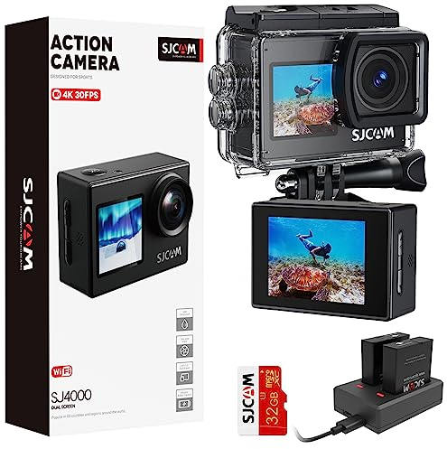 SJCAM Upgraded SJ4000 Action Kamera 4K Ultra HD Dual Screen Unterwasserkamera 98FT Wasserdicht, 170° Weitwinkel, Stabilisierung, WiFi Kamera mit extra Akku, SD Karte, Helm Zubehör Kit