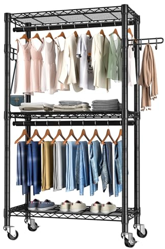 Heavy Duty Clothes Rack Rolling Garment Rack,3 Tier Adjustable Wire Shelving Clothing Racks for Hanging Clothes with Double Rods&Side Hooks,Freestanding Wardrobe Storage Rack Metal Portable Closet