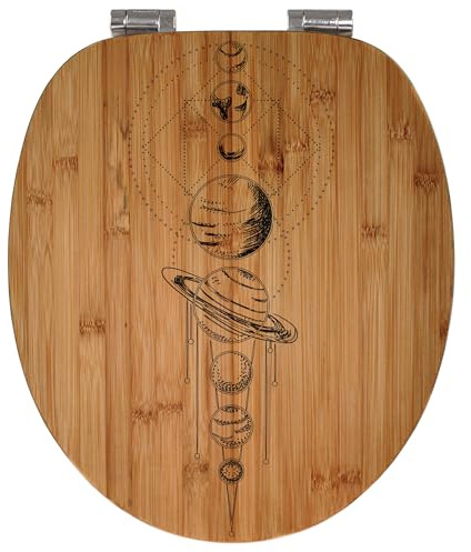 banjado® Hochwertig gravierter Design WC Sitz Bambus Absenkautomatik Astronomie 5 / Toilettendeckel mit Absenkautomatik Holz/Bambus Klodeckel/WC-Sitz für alle gängigen Toiletten