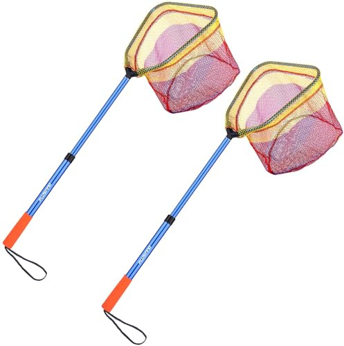 PLUSINNO Kids Fishing Net, Telescopic Lightweight Landing Net with Aluminum Pole Handle and Nylon Mesh, Catch and Release Butterfly Net for Kids Youth Outdoor (2 Pack - Blue)