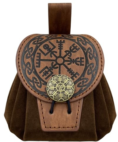 HiiFeuer Pochette de Ceinture en Faux Cuir embossé médiéval, Retro Renaissance Portable Belt Bag Coin Purse Dice Bag for LARP Ren Faire (Marron A)