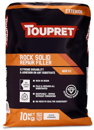 Toupret Rock Solid Repair Filler - High‑Strength Exterior Masonry Repair Powder - No Depth Limit, Weather‑Resistant, Paint‑Ready in 24 Hours - Cement-Based - 10 kg