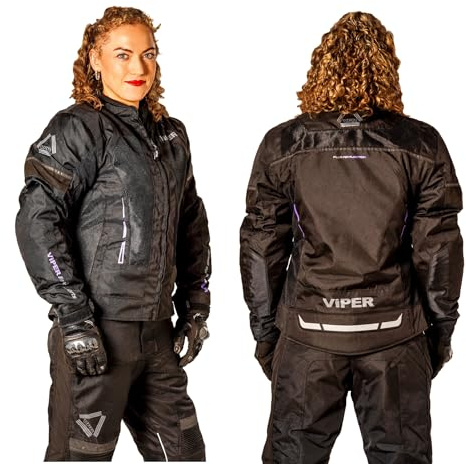 VPR Lua Womens Motorbike Jacket - Waterproof 600D Motorcycle Biker Jacket CE Armoured (Level A) with Removeable Linning - Ladies All Season Protective Coat for Moped Riding Racing - Black - M