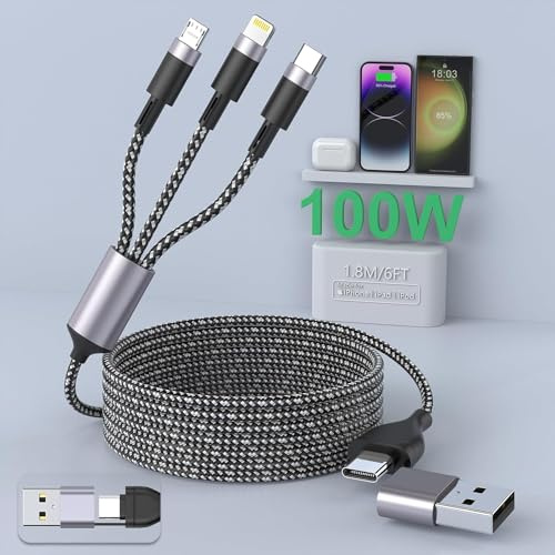 MTAKYI 100W USB C 6FT 6A Multi Fast Charging Cable, 5 in 1 Braided Multi Charging Cable with Lightning/Type C/Micro USB Universal Sync Charger Adapter for Phone