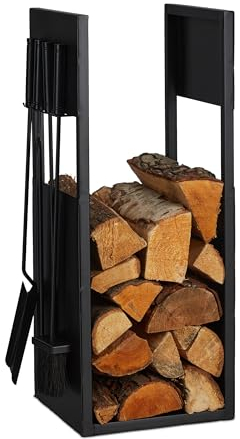 Relaxdays Scaffale Portalegna da Interno in Metallo, Attrezzi da Camino, HLP 76,5x36x30 cm, Porta Legna da Ardere, Nero, Iuta