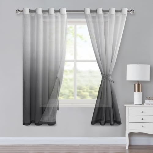 XWZO Voile Gardinen mit Ösen Vorhänge Farbverlauf Vorhang Sheer Ombre Gardinen 2 er Set für Schlafzimmer und Wohnzimmer Schlaufengardinen mit Raffhalter H175xB140cm Grau