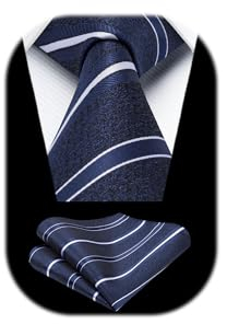 HISDERN Marineblau Herren Krawatte Formell Streifen Krawatte mit Einstecktuch Set Hochzeit Krawatten and Taschentuch