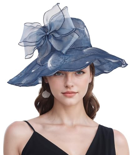 MK MATT KEELY Sonnenhut Damen Faltbarer Frauenorganza Hut Elegant Kirche Derby Fascinator mit Abnehmbarem Bowknot für Urlaub Hochzeit Kirche Party,B-Marineblau