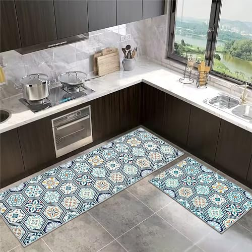 SHUAIG Anti-Rutsch-Küchenmatte Set,waschbar Küchenteppiche 2 Stück,Küchenmatten Mit Schiebeaufkleber für Küche, Foyer.(Style E, 40x60+40x120cm)