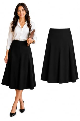 Inspire Me Womens Skirts 8 Panel Half Elasticated 27 Inch Knee Length Casual Stretchy Flared Work Dress Maxi Skirt Ladies Soft Stretch Pleated Skirt Multiple Colours Girls School Skirt(Black, 14)
