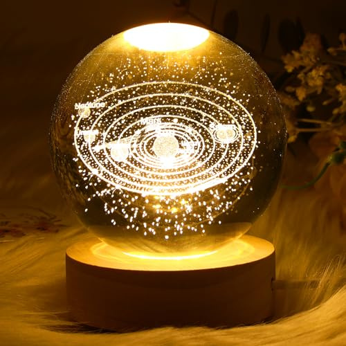 Hemobllo Solar System 3D Carved Crystal Ball Lamp with Wooden Base - Decorative Night Light for Bedroom Table Astronomy Themed Bedside Light for Kids and Adults