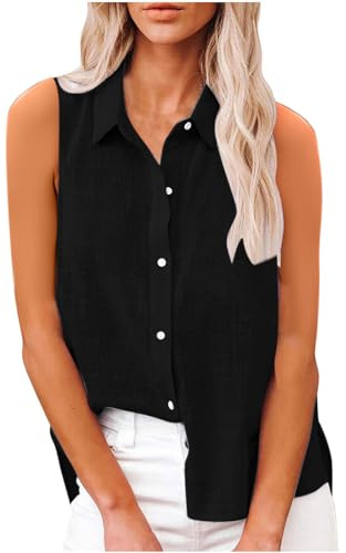 Keepink Tank Tops Women Cotton Linen Sleeveless Vest Elegant Blouse Oversized Button Up Lapel Shirts Ladies T Shirts and Vests Casual Dressy Blouses for Work Office Going Out Sale