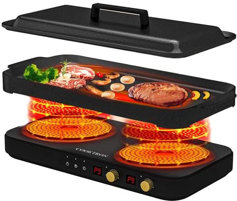 COOKTRON Double plaque de cuisson à induction avec plaque en fonte amovible, plaque à induction portable 2 plaques avec capteur tactile, 9 niveaux de puissance, minuterie de 99 min, convient pour
