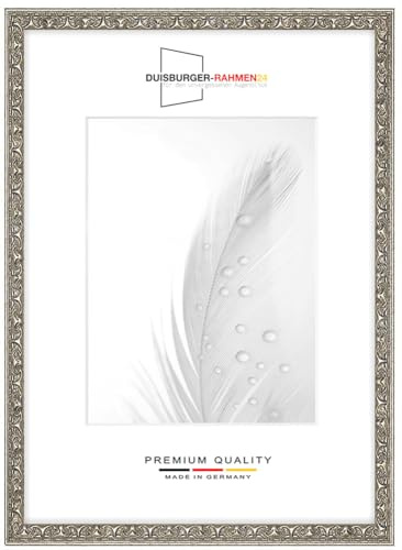 Duisburger-Rahmen24 Massiv Holz Bilderrahmen Vintage Retro 40 x 60 cm in Alt-Silber Barock | inkl. bruchsicherer Anti-Reflex Kunstglasscheibe | Rahmen für Poster | Puzzle | Foto collage DR110